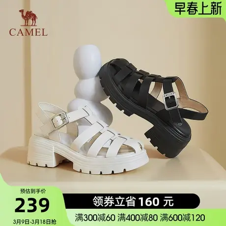 骆驼女鞋年夏季新款沙滩鞋真皮猪笼鞋包头凉鞋粗跟罗马鞋女图片