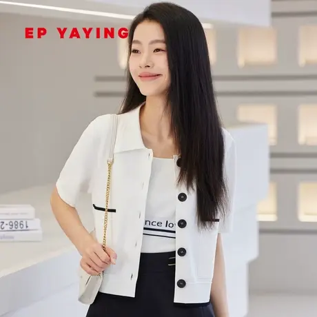 EP雅莹女装 简约Polo领黑色撞色冰丝短袖针织衫 新款9152A图片