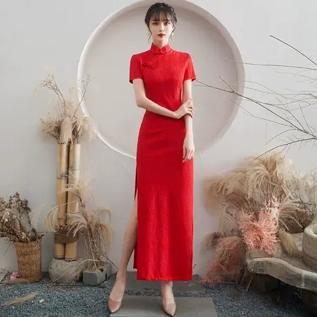 2023年新款高考送考旗开得胜长款旗袍红色蕾丝礼仪走秀演出服女商品大图