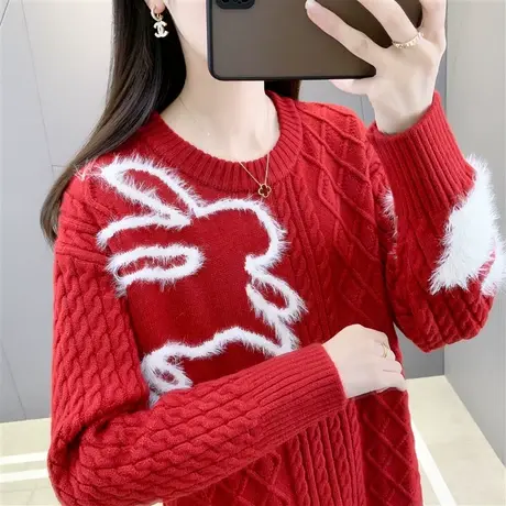 红色兔子毛衣女秋冬爆款本命年兔年新年衣服过年穿搭圣诞毛衣外套图片