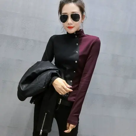 高领加绒打底衫女长袖秋冬修身百搭加厚上衣欧货时尚拼色棉T恤潮商品大图