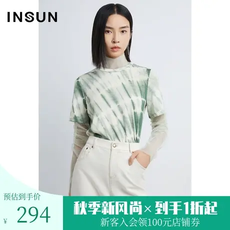 恩裳春秋季商场同款高领长袖薄款拼接网纱设计感果绿色衬衫商品大图