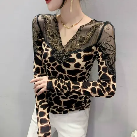 欧货网纱打底衫女长袖重工烫钻设计感小众洋气印花上衣性感V领T恤商品大图