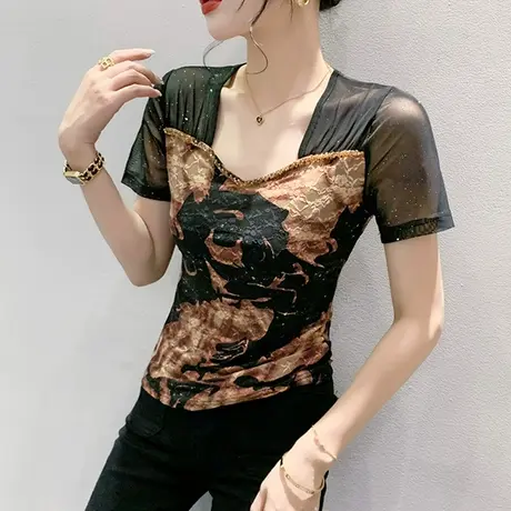 性感网纱拼接T恤女短袖2023夏季新款时尚V领钉珠T恤扎染印花上衣商品大图