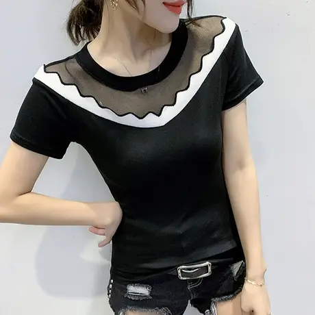 性感镂空短袖上衣女士欧货网纱拼接T恤时尚洋气拼色小衫半袖夏装图片