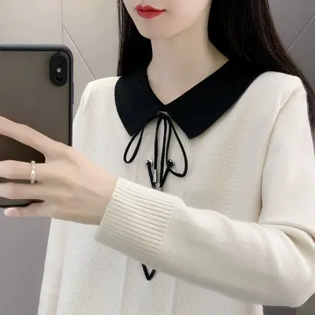 2023秋季新款娃娃领毛衣女撞色设计感长袖系带针织衫宽松爆款上衣商品大图