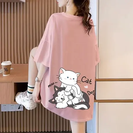 胖mm遮肚纯棉短袖t恤女大码2023新款网红粉色夏季中长款宽松上衣商品大图