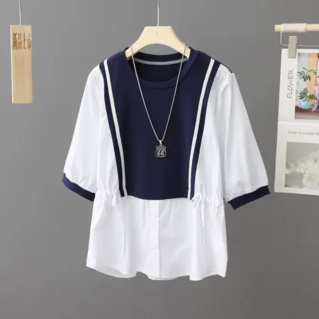夏装新款小众拼接短袖衬衫女圆领套头宽松休闲上衣气质百搭女装潮图片