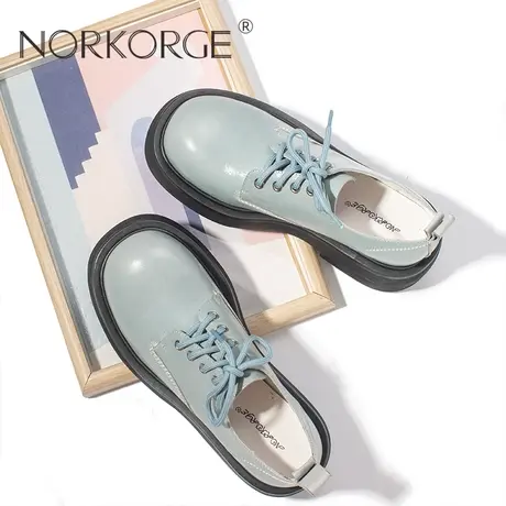 2023新款秋复古美式清冷灰蓝色系带单鞋女鞋真皮圆头厚底小皮鞋女商品大图