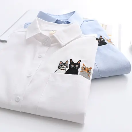 2021春季新款百搭牛津纺刺绣白色衬衣女长袖学生学院可爱打底衬衫商品大图