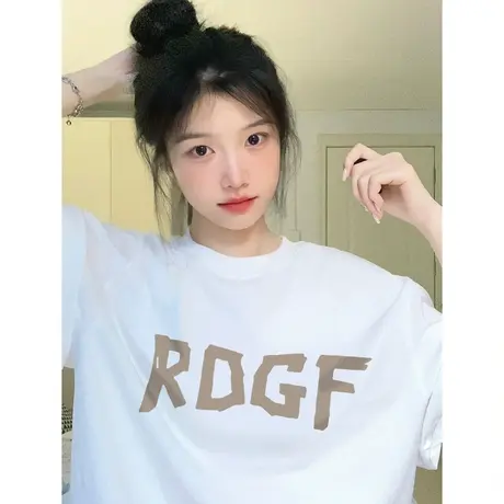 美式复古纯棉正肩短袖t恤女夏季宽松原宿风设计感小众半袖上衣服商品大图