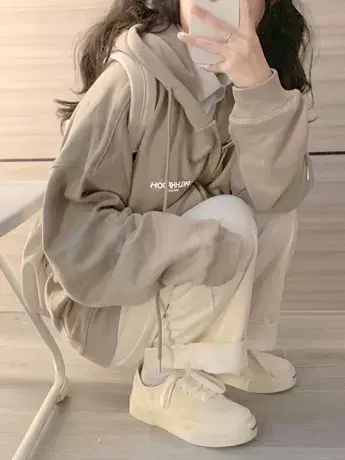 oversize卫衣女秋冬小个子高级感上衣慵懒风连帽加绒加厚开衫外套商品大图