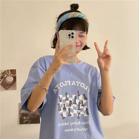 红续盐系棋盘格短袖t恤女夏季2023新款宽松韩版潮oversize小个子图片