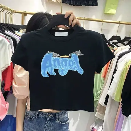 黑色短袖t恤女2021夏季新款韩版ins潮漏肚脐短款高腰百搭半袖上衣商品大图
