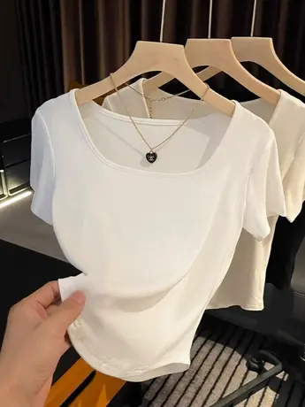 夏季方领正肩短袖t恤女夏季2023新款辣妹纯欲短款修身不规则上衣商品大图