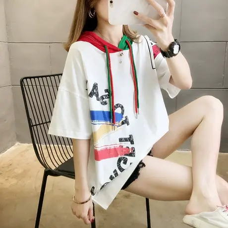 连帽短袖t恤女夏季韩版宽松原宿bf慵懒风mschf少女感百搭上衣服潮图片