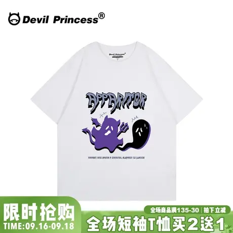 宽松大版街头摇滚风高街白色正肩t恤女小众卡通潮牌纯棉半袖上衣图片