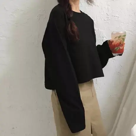 ins超火长袖t恤女春秋宽松韩版潮学生百搭显瘦短款露脐打底上衣服商品大图