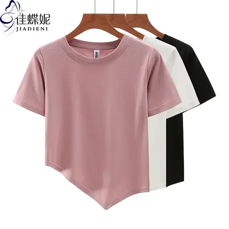 夏季新款韩版圆领纯棉宽松纯色不规则短款短袖体恤上衣女打底衫商品大图
