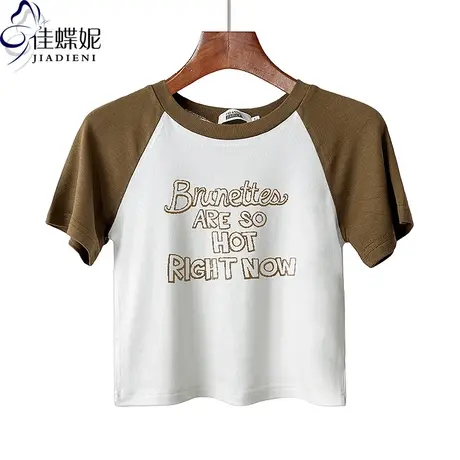 夏季新款圆领撞色修身短款性感辣妹纯棉印花短袖体恤上衣女打底衫商品大图