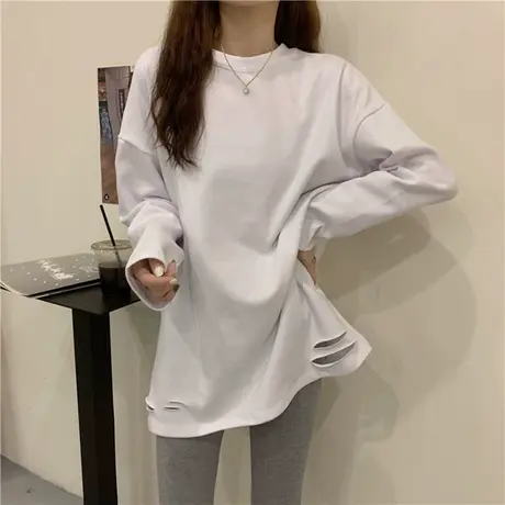 设计感白色破洞t恤女春装2021年新款韩版高领打底衫内搭上衣服潮商品大图