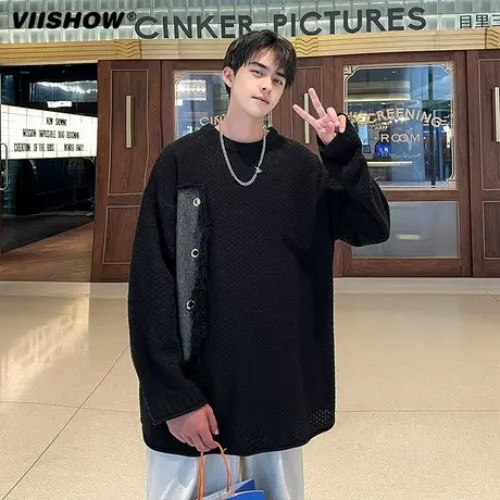 VIISHOW潮牌美式毛衣2023秋冬季新款男士高街设计感拼料针织衫图片