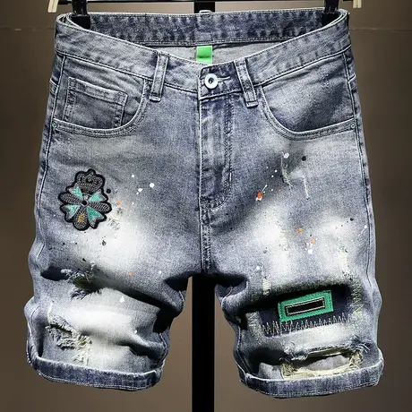 夏天潮牌日系复古牛仔短裤男破洞男士休闲五分裤百搭中裤男马裤子商品大图