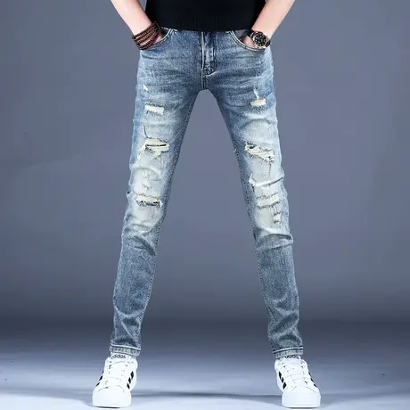 美式高街复古破洞牛仔裤男款春秋薄款修身小脚裤子男2023爆款潮牌图片