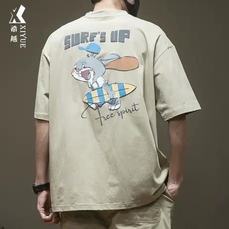 希越后背印花凉感棉冰丝短袖T恤男薄款透气潮流休闲大码体恤宽松商品大图