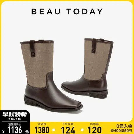 BeauToday西部牛仔靴女厚底中筒靴BT女靴2023新款真皮复古骑士靴商品大图