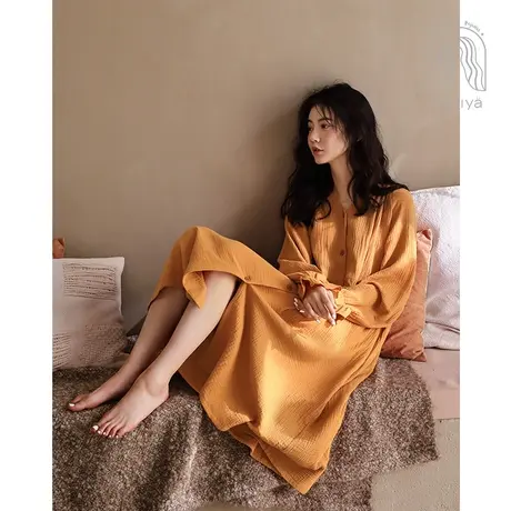 妮狄娅睡衣睡裙女春秋季纯棉纯色长袖孕妇月子宽松大码公主中长款商品大图