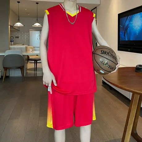 宽松大码冰丝篮球服套装男装青少年学生潮流透气背心五分裤两件套图片