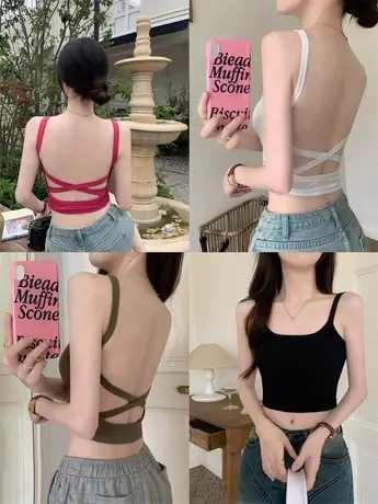 夏季辣妹性感露背吊带背心女装2023新款修身显瘦带胸垫短款上衣潮商品大图