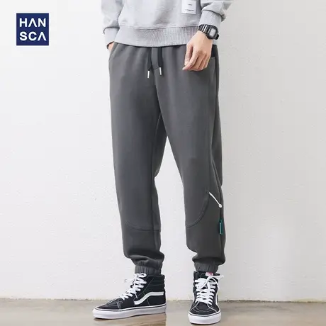 hansca灰色运动裤男春秋季新款潮牌宽松抽绳束脚大码拼接休闲卫裤图片