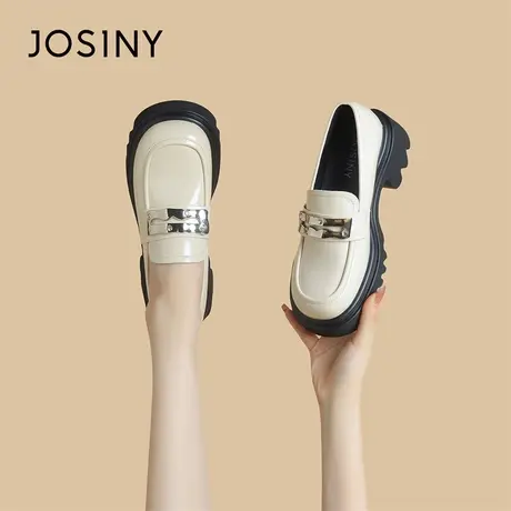 Josiny/卓诗尼厚底乐福鞋女春2024新款百搭浅口英伦风黑色小皮鞋商品大图