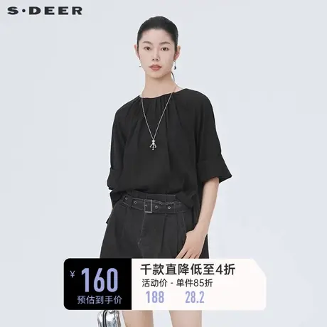 sdeer圣迪奥上衣夏款圆领抽褶卷边黑色中袖设计感衬衫S222Z0432商品大图