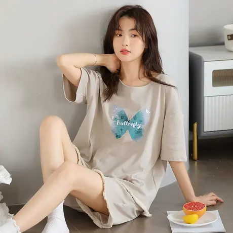 婷美纯棉睡衣女夏季薄款短袖短裤套头夏天甜美可爱休闲家居服套装图片