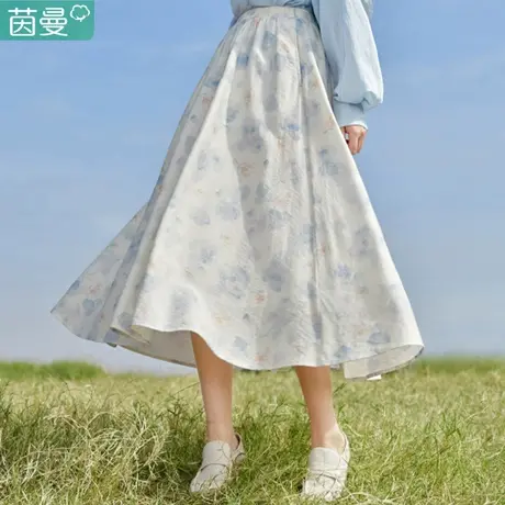 茵曼旗舰店亚麻碎花半身裙女2024春季新款复古a字中长伞裙小个子图片