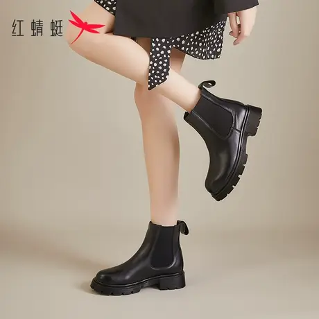 红蜻蜓烟筒靴女款2022新款春秋单靴真皮厚底黑色短靴头层牛皮女靴图片