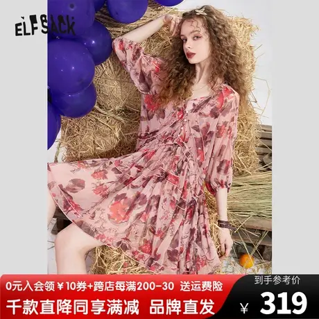 妖精的口袋碎花雪纺连衣裙女2023春季新款v领收腰显瘦不规则裙子图片