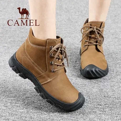 Camel/骆驼女鞋冬季加绒保暖真牛皮系带防滑妈妈户外休闲旅游靴子图片