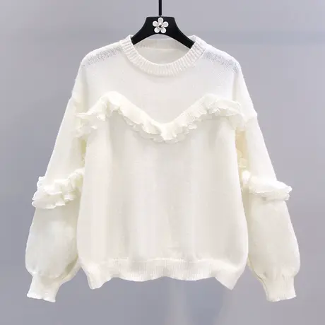 小清新荷叶边拼接针织衫女2023年新款宽松设计感洋气薄款套头毛衣图片