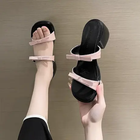 中跟粗跟蝴蝶结凉拖鞋女夏季外穿2024年新款甜美法式粉色仙女凉鞋商品大图