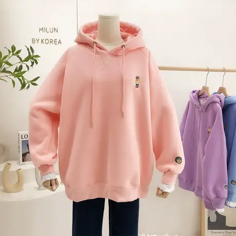 学院风小熊上衣2021秋冬季新款韩国东大门加绒厚连帽卫衣宽松包臀商品大图