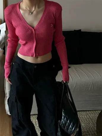 网红款美式玫红色开衫针织衫女薄款早秋新款V领修身长袖上衣潮ins商品大图