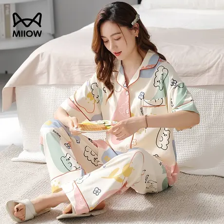 MiiOW/猫人夏季女生睡衣家居服短袖宽松纯棉薄款柔软简约可外穿图片