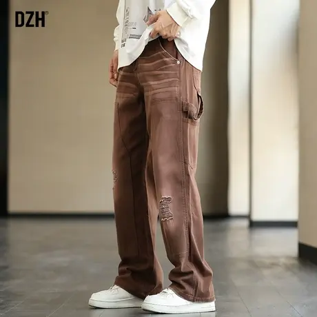 男士美式复古牛仔裤男潮牌咖啡色裤子ins高街潮破洞裤宽松直筒裤图片