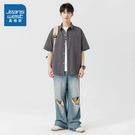 LE真维斯男装2025春季新款 潮流男生半袖上衣百搭宽松男短袖衬衫商品大图