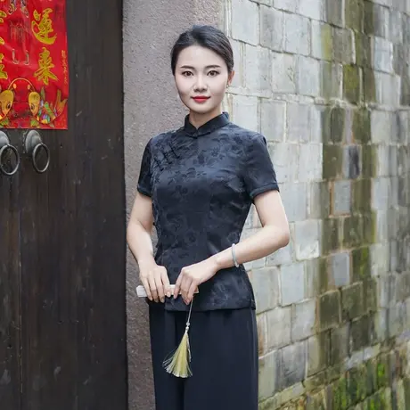 筠雅夏季新款简约清新旗袍式上衣唐装女改良版修身复古素衣24R604商品大图