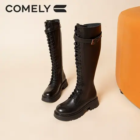 KL粗跟骑士靴女冬季新款长筒马丁靴头层牛皮系带长靴子图片